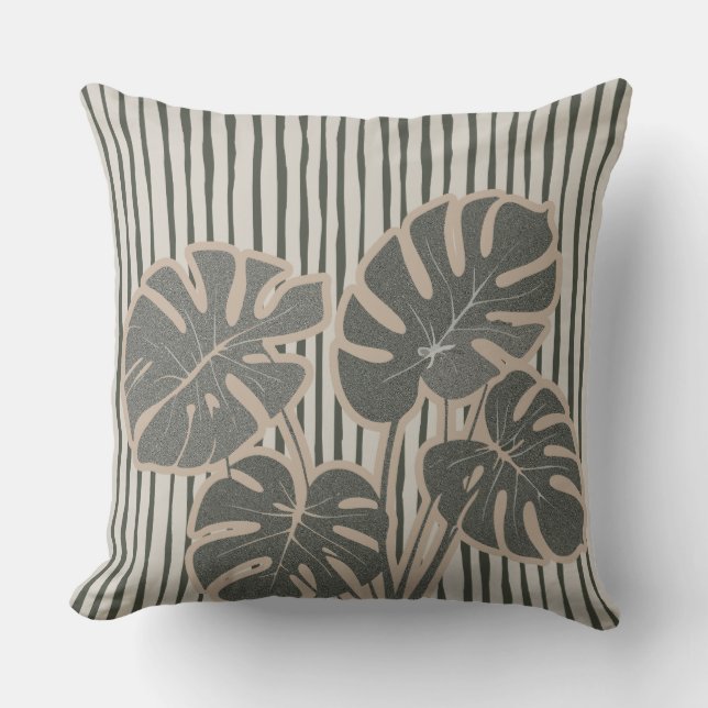 Monstera Art with Vertical Lines Cushion (Front)