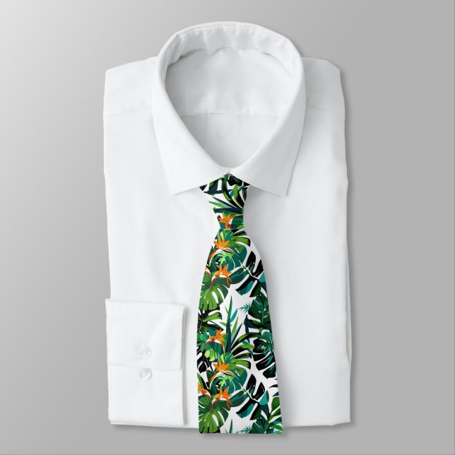 Monstera Bird-of-Paradise Tropical Seamless Tie (Tied)