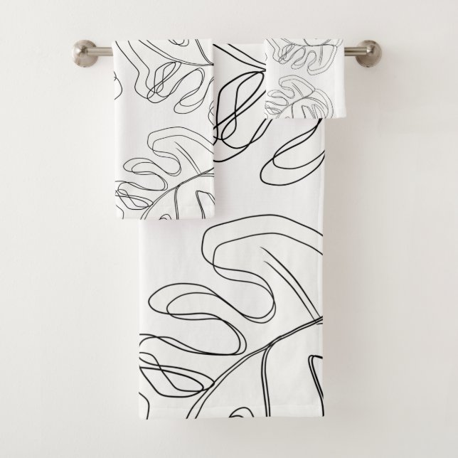 Monstera Black White Botanical Wedding Bath Towel Set (Insitu)