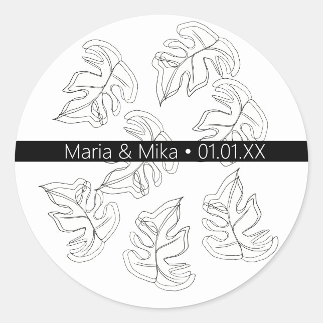 Monstera Black White Botanical Wedding Classic Round Sticker (Front)