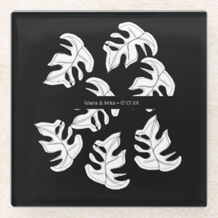 Monstera Black White Botanical Wedding Glass Coaster
