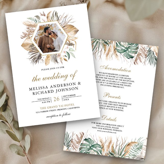 Monstera Boho Pampas All in One Photo Wedding Invitation (Creator Uploaded)