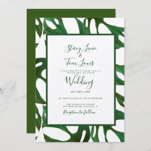 Monstera Botanical Leaf Green Wedding  Brown Invitation