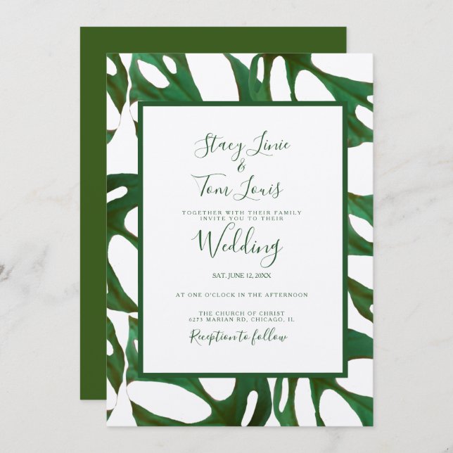 Monstera Botanical Leaf Green Wedding  Brown Invitation (Front/Back)