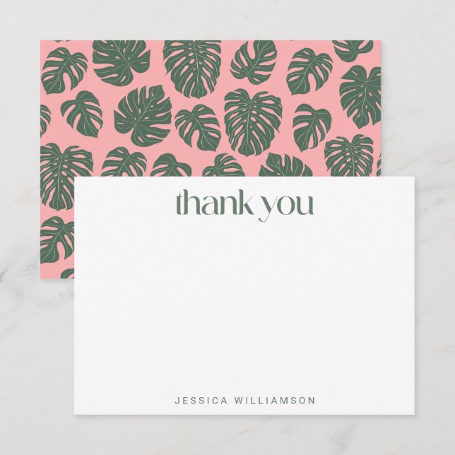 Monstera Botanical Pink Green Custom Bridal Shower Thank You Card (Front/Back)