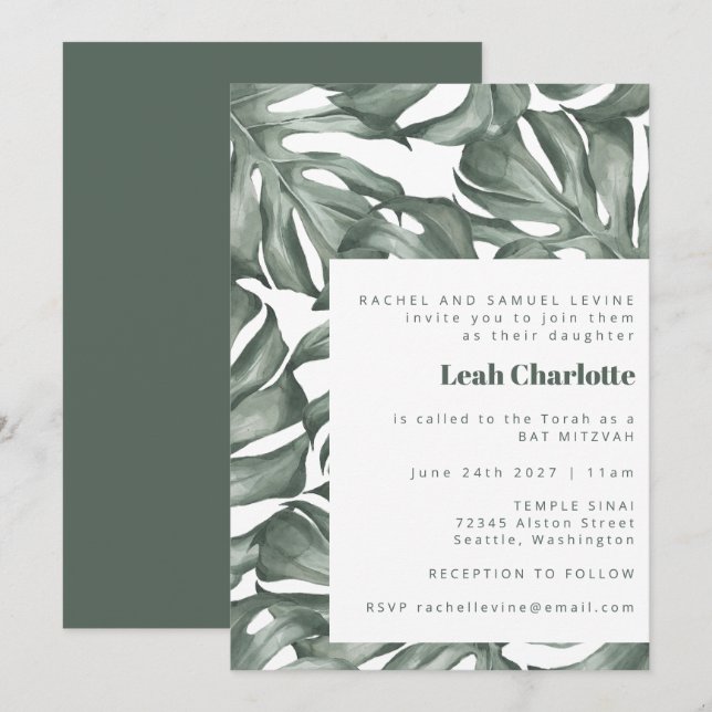 Monstera Botanical Watercolor Green Bat Mitzvah Invitation (Front/Back)