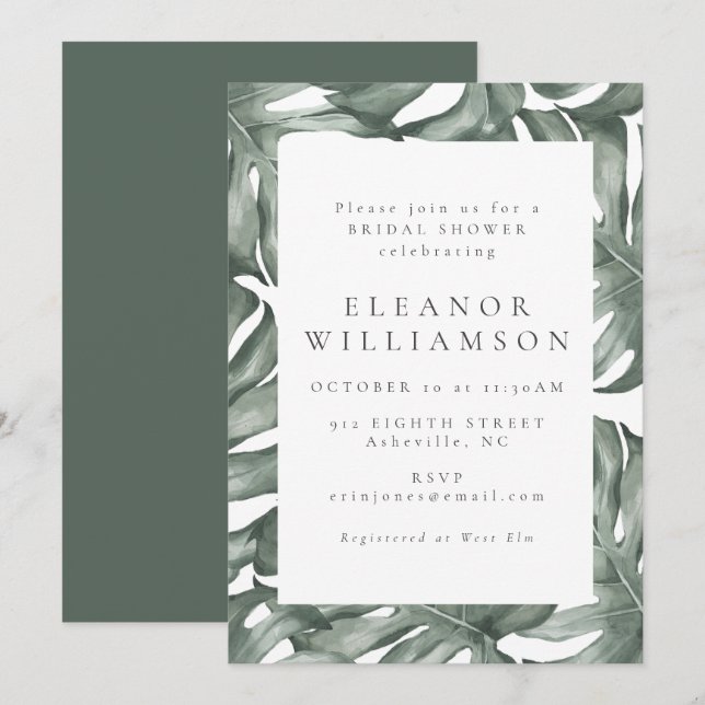 Monstera Botanical Watercolor Green Bridal Shower Invitation (Front/Back)