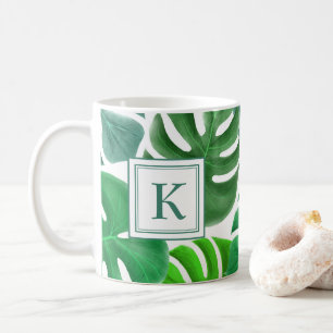 Monstera Deliciosa Leaves Jungle Pattern Monogram Coffee Mug