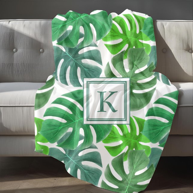 Monstera Deliciosa Leaves Monogram Pattern Fleece Blanket (Monstera Deliciosa Leaves Monogram Pattern Fleece Blanket)