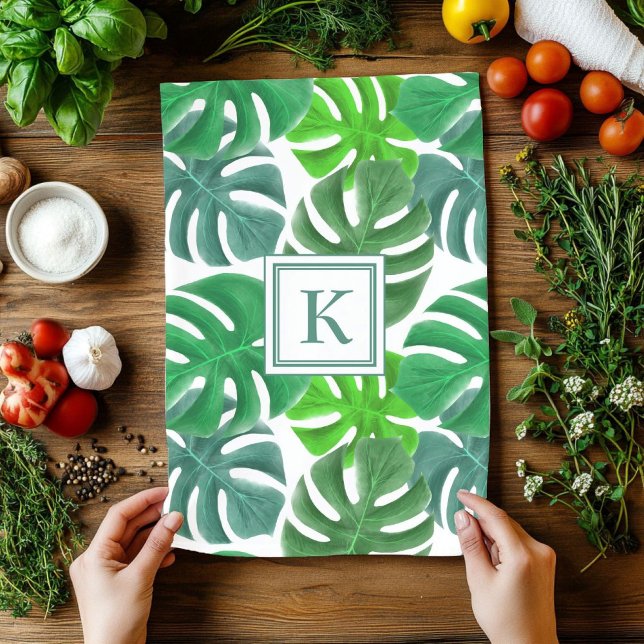 Monstera Deliciosa Leaves Monogrammed Pattern Tea Towel (Monstera Deliciosa Leaves Monogrammed Pattern Kitchen Towel)