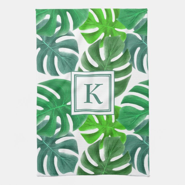 Monstera Deliciosa Leaves Monogrammed Pattern Tea Towel (Vertical)