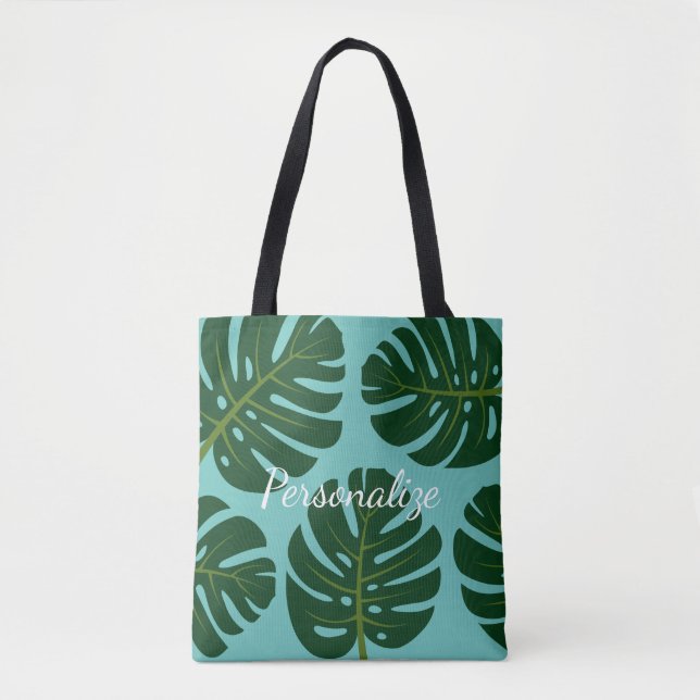 Monstera Deliciosa palm leaf floral print tote bag (Front)