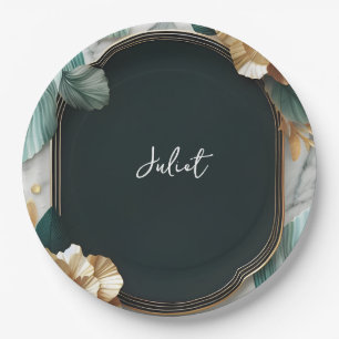 Monstera Emerald Green And Gold Bridal Shower Paper Plate