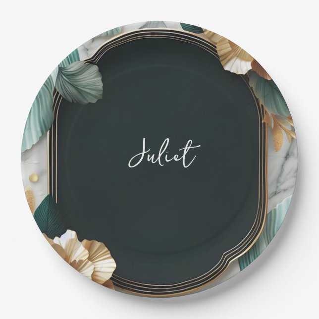 Monstera Emerald Green And Gold Bridal Shower Paper Plate (Front)
