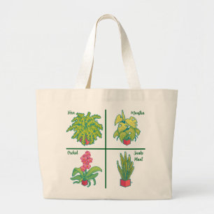 Monstera, Fern, Orchid, snake plant. Pixel Art Large Tote Bag