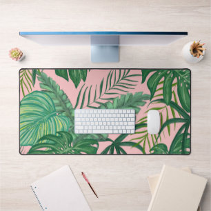 Monstera Ferns Palms Tropical Leafy Pink  Desk Mat