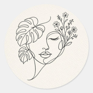 Monstera Floral Face Line Art Classic Round Sticker