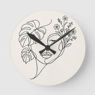 Monstera Floral Face Line Art Round Clock