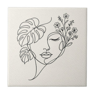 Monstera Floral Face Line Art Tile