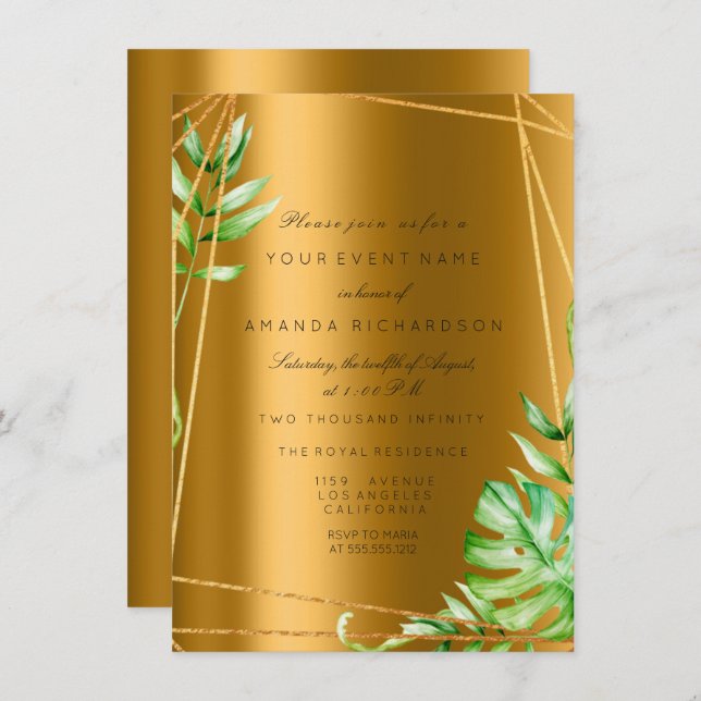 Monstera Gold Poligonal Frame Greenery Bridal Wedd Invitation (Front/Back)