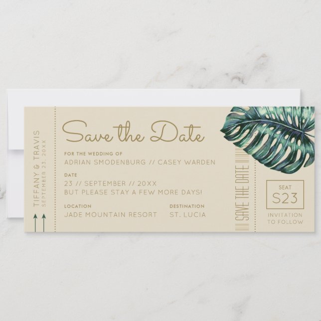 Monstera Green and Tan Boarding Pass Save the Date Announcement (Front)
