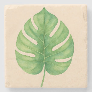 Monstera Green Leaf Design. Stone Coaster