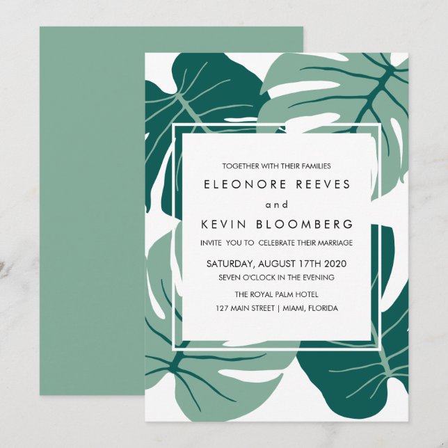 Monstera | Green | Tropical Leaves Frame Wedding Invitation (Front/Back)