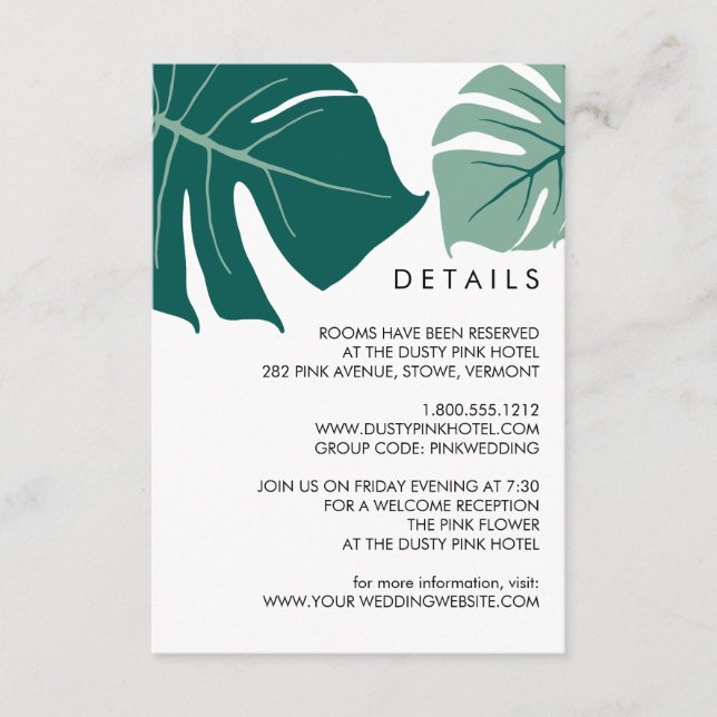 Monstera Green | Tropical  Wedding Guest Details Enclosure Card (Front)