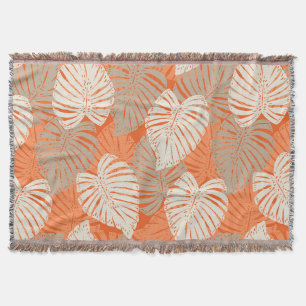 Monstera Jungle Hawaiian Tropical Leaves - Orange Throw Blanket