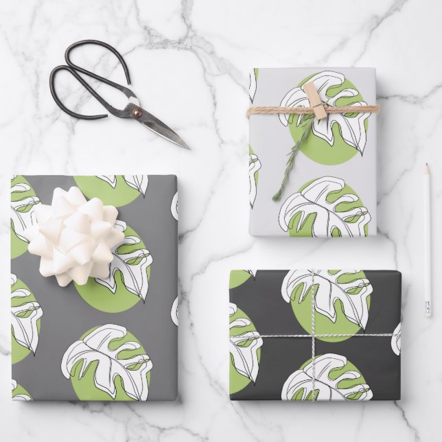 Monstera Leaf Abstract Plant Illustration Grey Wrapping Paper Sheet (Front)