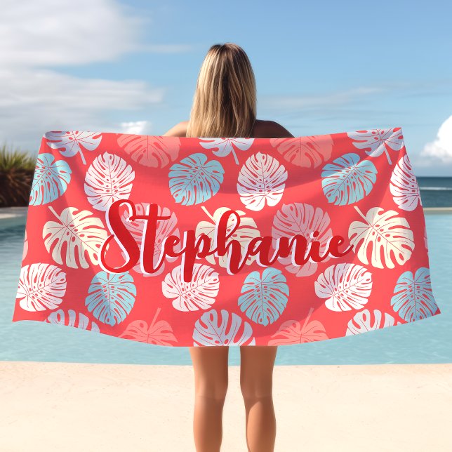 Monstera Leaf Colourful Coral Tropical Script Name Beach Towel (Creator Uploaded)