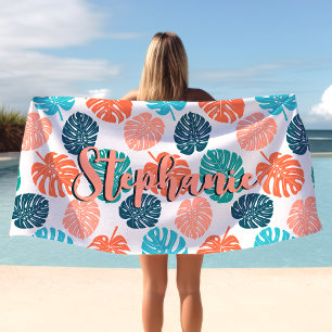 Monstera Leaf Colourful Navy And Coral Script Name Beach Towel