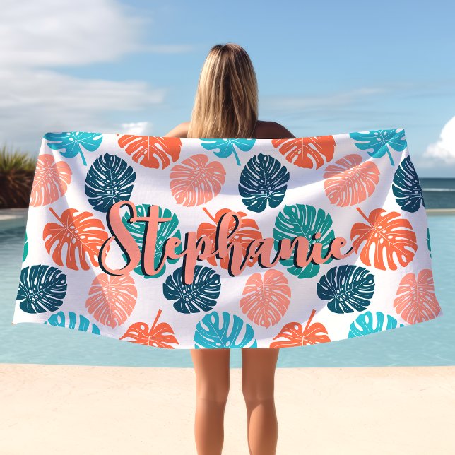 Monstera Leaf Colourful Navy And Coral Script Name Beach Towel (Creator Uploaded)