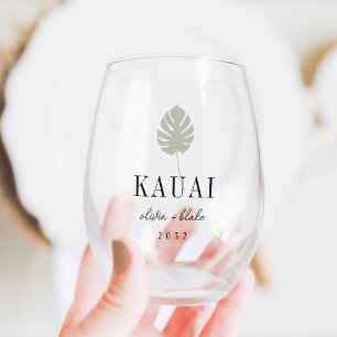 Monstera Leaf Destination Wedding Favour Stemless Wine Glass