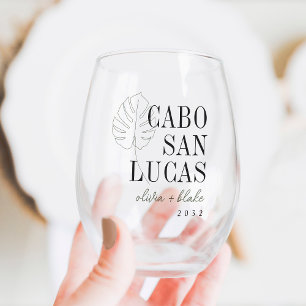 Monstera Leaf Destination Wedding Favour Stemless Wine Glass