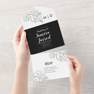 Monstera Leaf Double Line Art Black White Wedding All In One Invitation