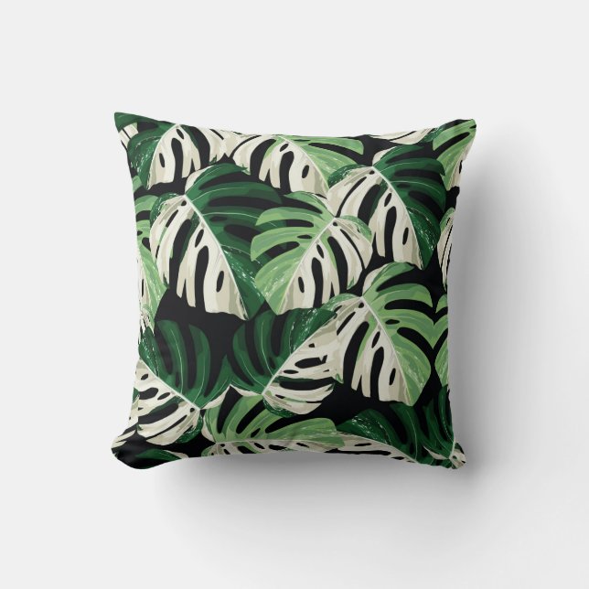 Monstera Leaf Exotic Black Pattern Cushion (Front)