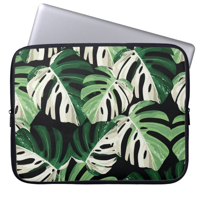 Monstera Leaf Exotic Black Pattern Laptop Sleeve (Front)