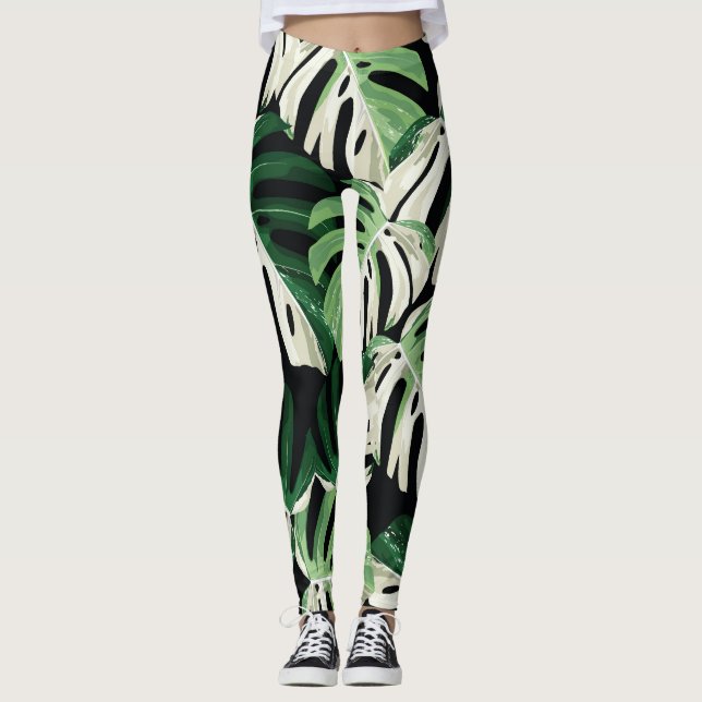 Monstera Leaf Exotic Black Pattern Leggings (Front)