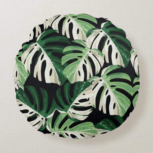 Monstera Leaf Exotic Black Pattern Round Cushion (Front)