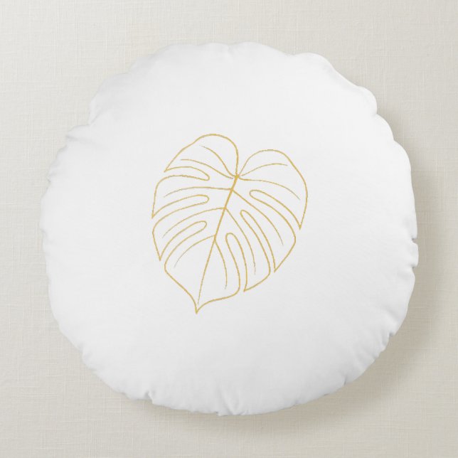 Monstera Leaf Gold Design.  Round Cushion (Front)