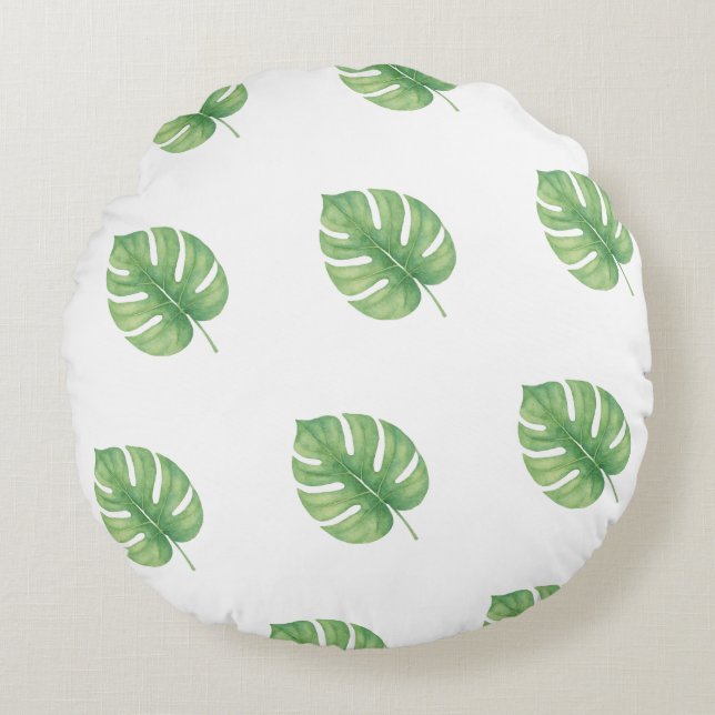 Monstera Leaf Green Design.  Round Cushion (Front)