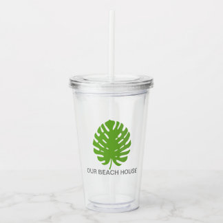Monstera Leaf Green Navy Modern Coastal Pool  Acrylic Tumbler