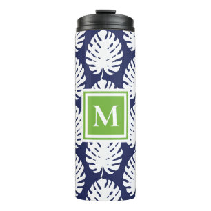 Monstera Leaf Green Navy White Monogram Coastal Thermal Tumbler