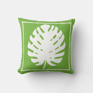 Monstera Leaf Green White Coastal Modern Cushion