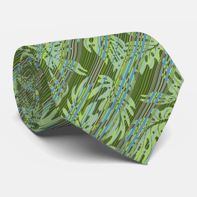 Monstera Leaf Hawaiian Stripe Two-sided Printed Tie (Rolled)