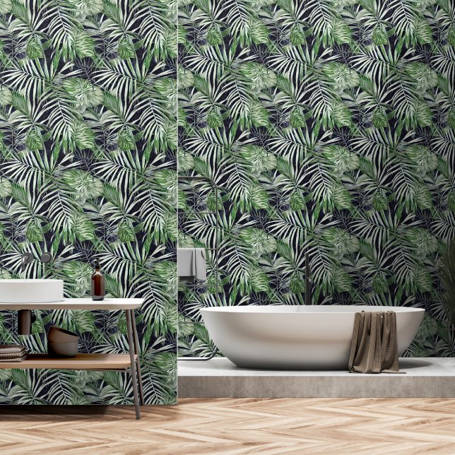 Monstera leaf jungle tropical foliage black green  wallpaper (Bathroom)