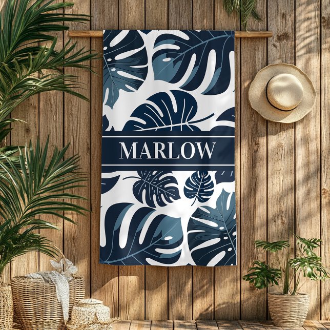 Monstera Leaf Navy & White Tropical Beach Towel (Creator Uploaded)