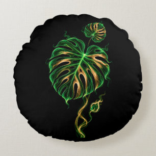 Monstera Leaf - Neon Green and Smoked Gold Round Cushion
