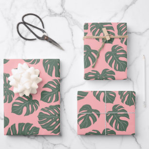 Monstera Leaf Plant Botanical in Pink and Green Wrapping Paper Sheet